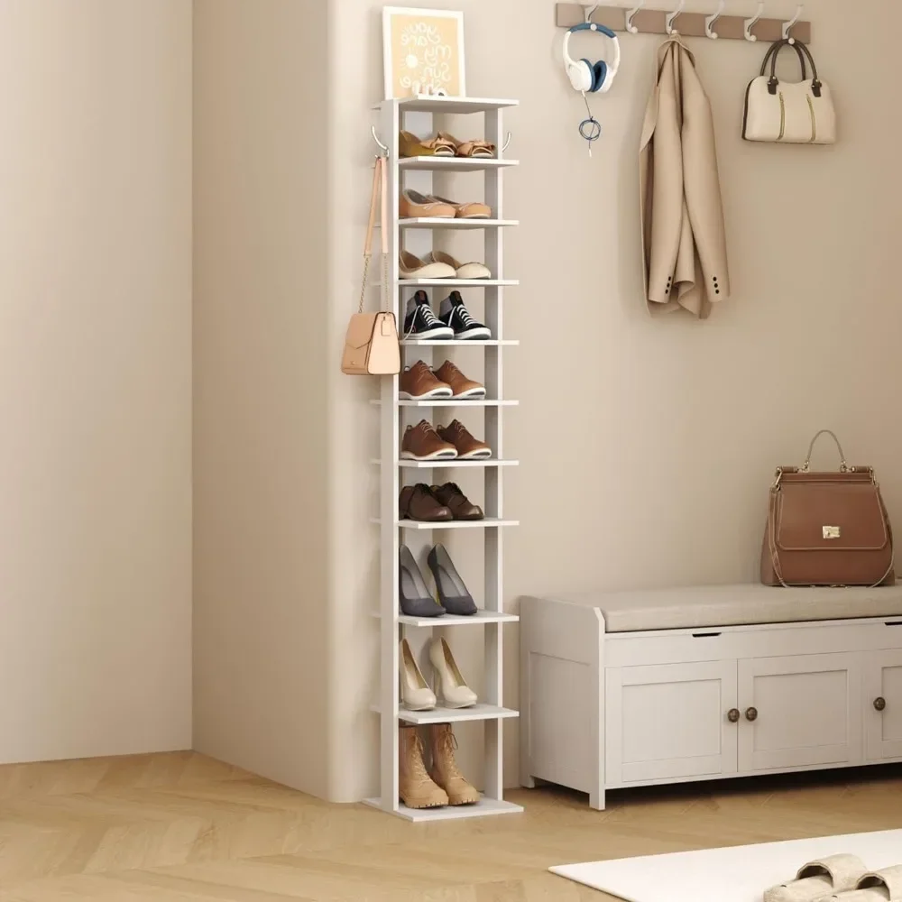 

10-storey corner shoe tower, slim shoe storage box with two hooks, closet white, wooden shoe storage rack