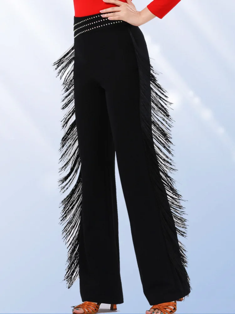 タッセル ハイウエスト ラインストーン フリンジ ワイドレッグ ダンス パンツ 社交ダンスまたはステージ ジャズ モダン パフォーマンス パンツ用