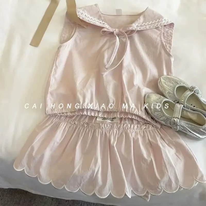 

Children's Clothing Girls Summer Clothing 2025 New Baby Doll Shirt Cute Sweet Navy Collar Girls Top Pants Skirt