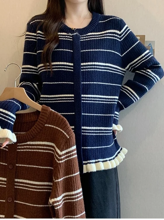 

plus Size Women's Sweet Color Blo Lace Knitwear Coat round Ne Autumn Winter New Design Sensation Casual Faion Outerwear