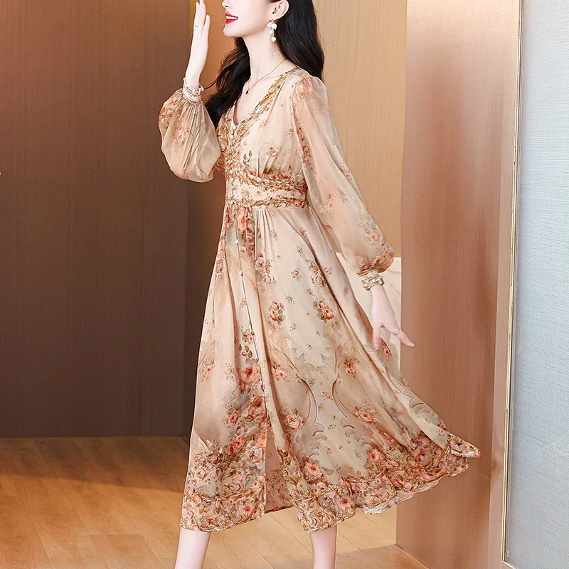 Summer Luxury Silk Floral Beach Midi Dress Women's Vintage Elegant Evening Prom Dress Spring Holiday Boho Hepburn Vessios XQ286