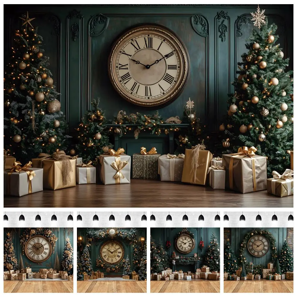 Green Christmas Clock Backdrop Xmas Tree Gifts Baby Kids Portrait Family New Year Party Photography Background Decor Photostudio