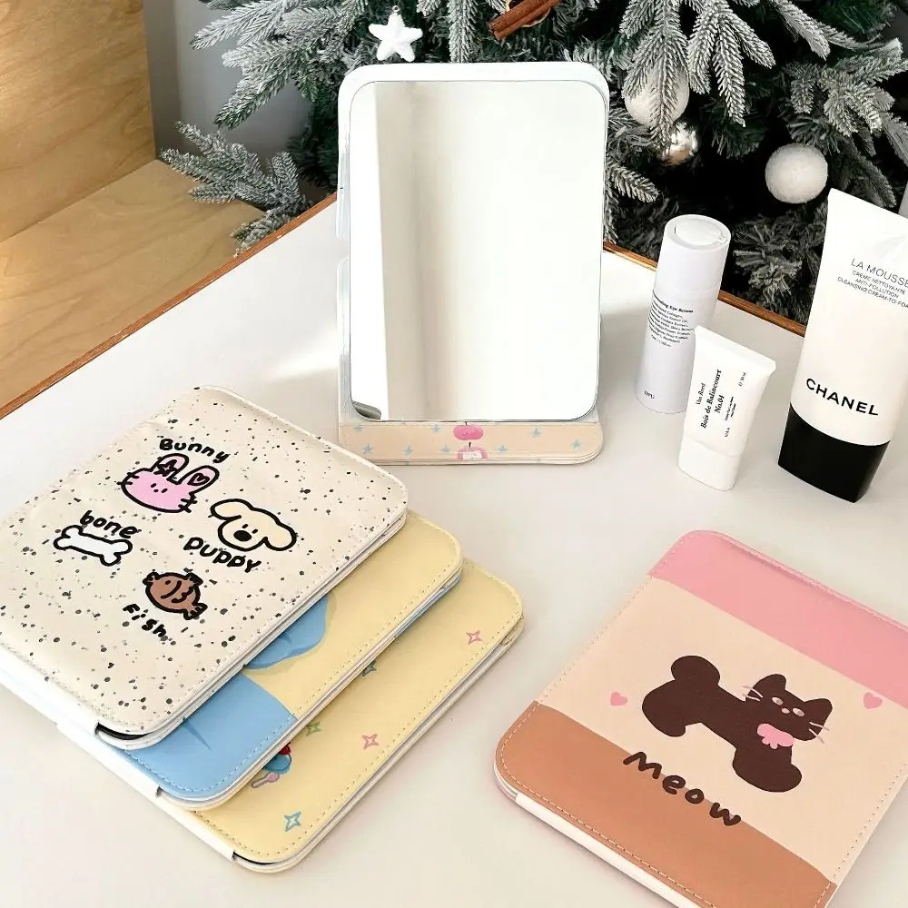 Petit support de bureau en cuir Pu, miroir de maquillage pliable pour chat, chiot de dessin animé, miroir de vanité léger pour chambre à coucher