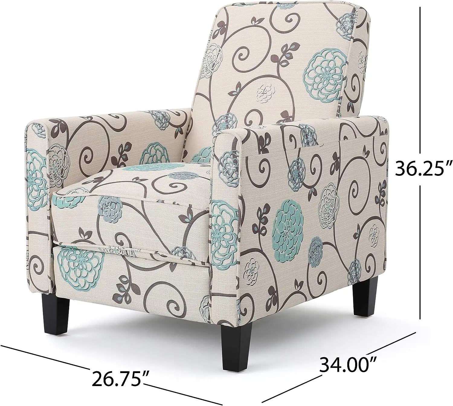 Floral Fabric Recliner Armchair Club Chair Comfortable Reading Nap Relaxation Birch Leg White Blue 26.75D x 34W x 36.25H