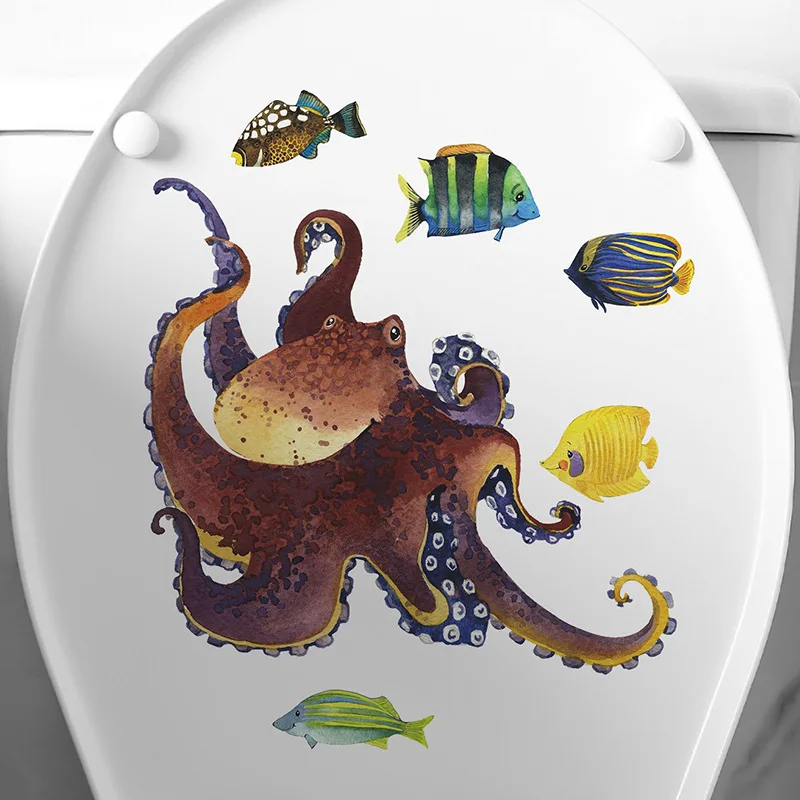 Cartoon Glow in the dark Octopus Small Fish Underwater World Children's Toilet Stickers, Bathroom Home Decoration Wall Stickers