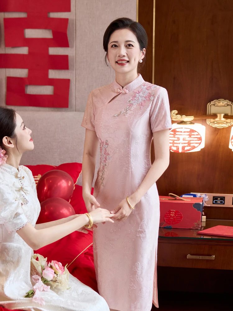 

Pink Embroidered Wedding Dr Ele Mid-Length Design for Mother of the Bride Summer New Arrival Breathable Poly...