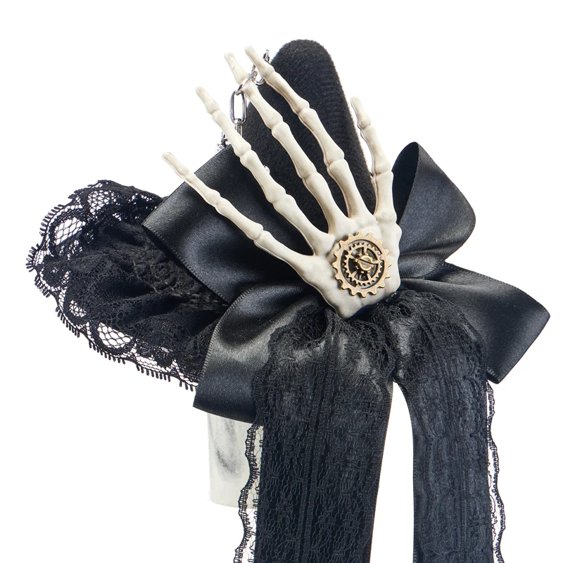 Mini sombrero gótico Punk Vintage Retro Bowknot cadena esqueleto mano fascinador Halloween sombreros de bruja pinzas para el cabello