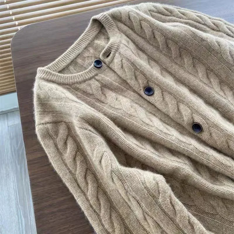 Spring Autumn Solid Color Women\'s 100% Wool Knitted Cardigan Long Sleeve Korean Loose O-Neck Button Sweater Coat Female Clothing