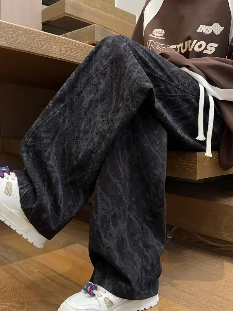 Plones Anchos de Moda Americana para Hombre, Primavera-Otoño, uesos, Sueltos, Rectos, Casus, de Pana Teñida, Plo...