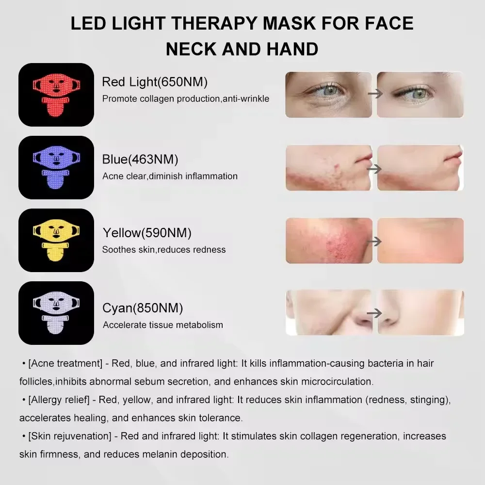 LED facial mask light therapy skin care mask acne reduction skin rejuvenation PDT red light therapy mask for neck face hand