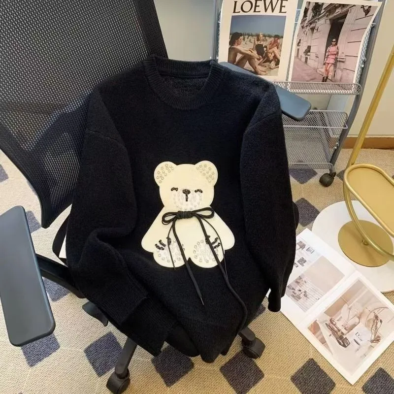 Cartoon Bear Bow Cute Knitted Sweater Women Pullover Long Sleeve O Neck High Street Korean Fashion Jumpers Autumn Winter Y2k Top