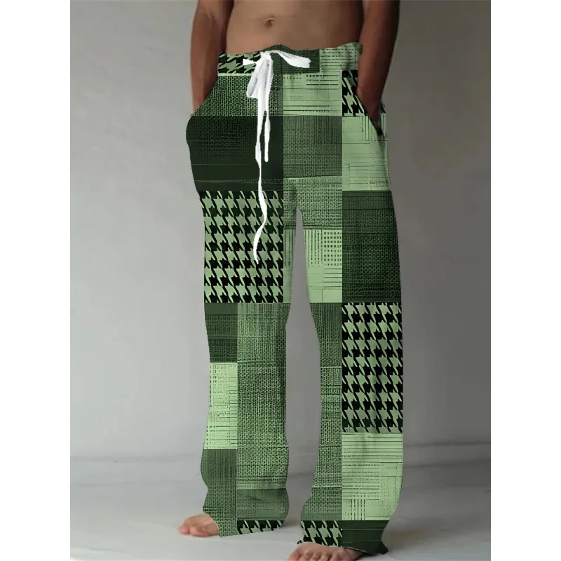 

Men'S Summer Hound Plaid Casual Pants - Lightweight Quick-Dry Beach Trousers With Stretch Rope Elastic Waist For Outdoor Travel
