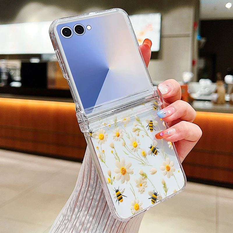 Z Flip 7 حافظة متمحور واضحة الصلب PC الزهور الفاخرة يترك نمط للطي قضية الهاتف لسامسونج غالاكسي Z Flip 7 FE 6 5 4 3