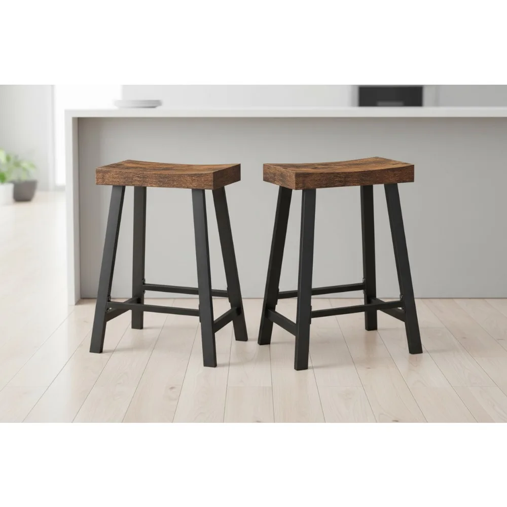 

Набор из 2 промышленных барных стульев с подставкой для ног, кухонные табуреты высотой 23,6 дюйма, коричневый и черный в деревенском стиле
