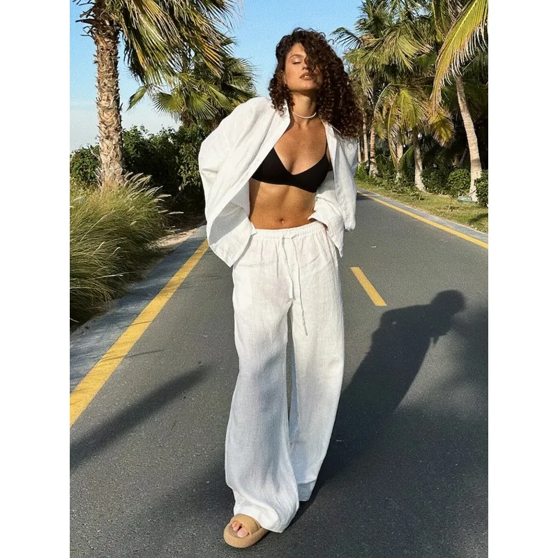 

Хлопковые повседневные комплекты брюк, женские однотонные уютные рубашки с длинными рукавами и лацканами, летняя одежда, брючные костюмы с эластичной резинкой на талии