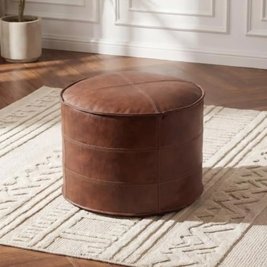 Leather Ottoman for Living Room Bedroom, Genuine Leather, Brown, Handmade Stuffed with Soft Comfortable Seating and Feet Rest F