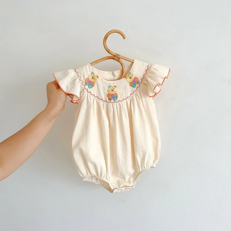 

Princess Baby Girl Romper 0-2Years Cute Newborn Fly Sleeve Embroidery Bear Cotton Bodysuit Outfits Birthday Party Summer Clothes