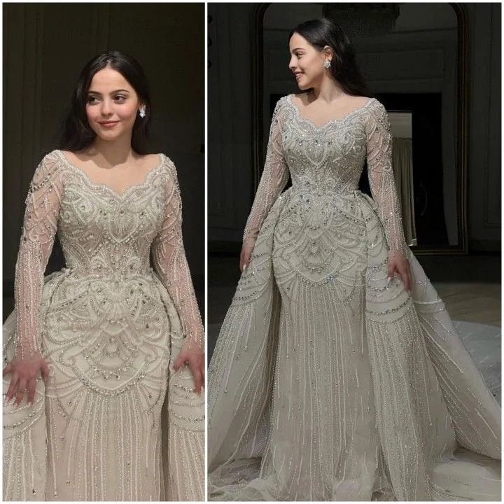 Luxurious Lace Crystal Bead Mermaid Wedding Dress With Sweetheart Long Sleeves And Detachable Trailing Bridal Gown Customized