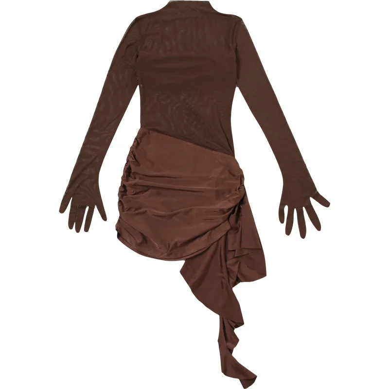 فستان قصير غير منتظم للعطلات على الشاطئ شبكي شفاف ملابس نسائية Y2K ملابس خروج صيفية بأكمام طويلة فساتين ضيقة جديدة