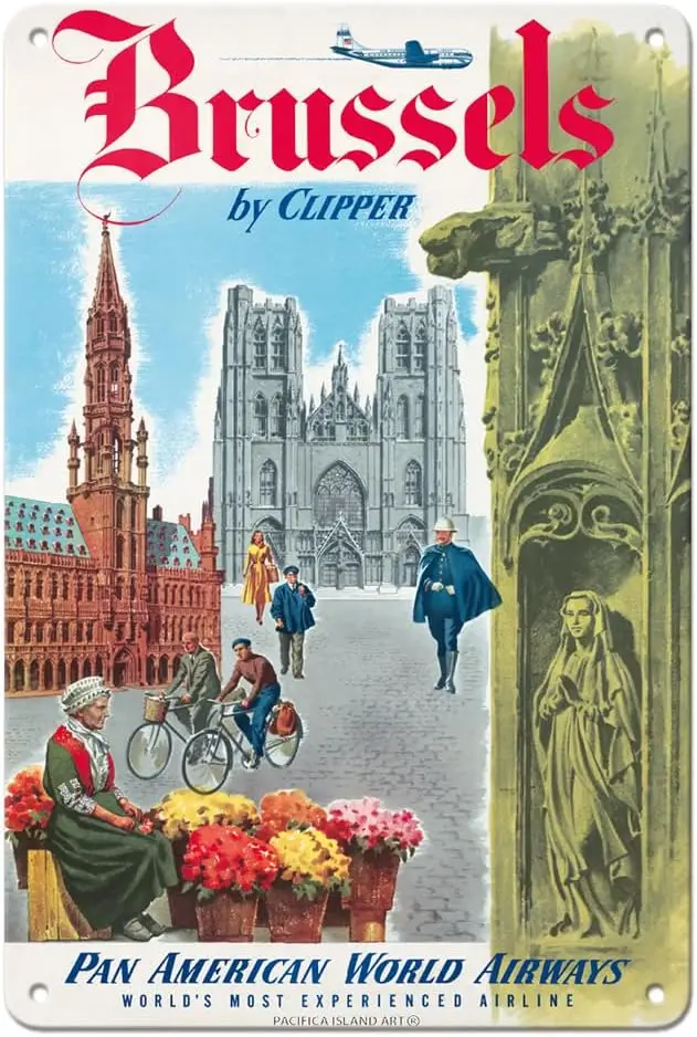 Brussels Belgium by Clipper - Pan American World Airways The Cathedral of Saints Michel and Gudule Vintage Airline Travel Poster