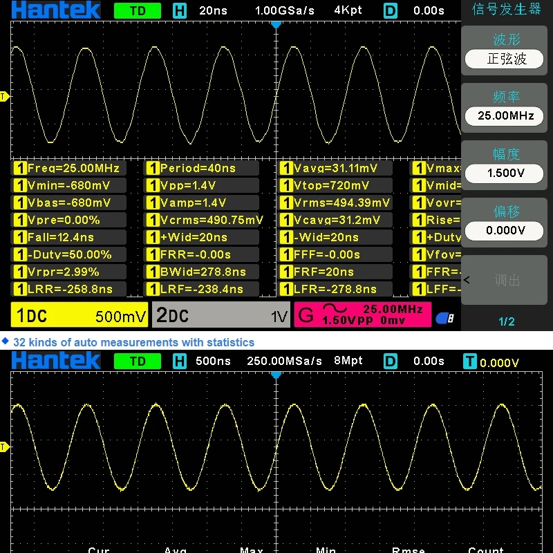 Двухканальный цифровой осциллограф Hantek, 7 дюймов, TFT, 8 м, глубина памяти, аналоговая полоса пропускания, 100 МГц, 1 Гвыб/с, генератор сигналов