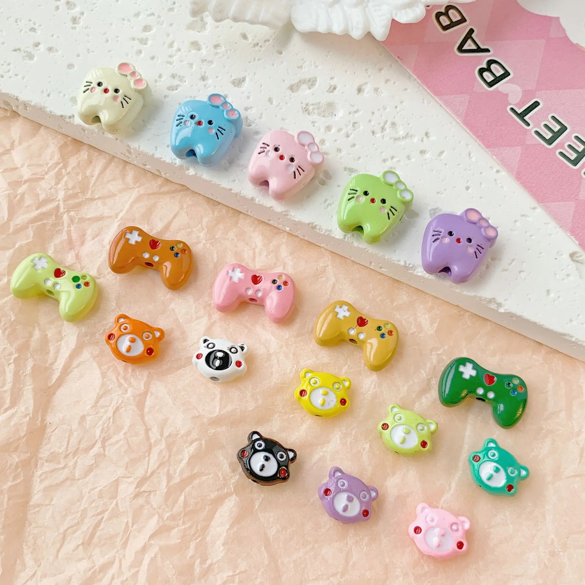 10pcs Candy Colored Cute Tooth Bear Handle Beads Baked Paint Alloy Loose Spacer Beads For Jewelry Making DIY Accessories