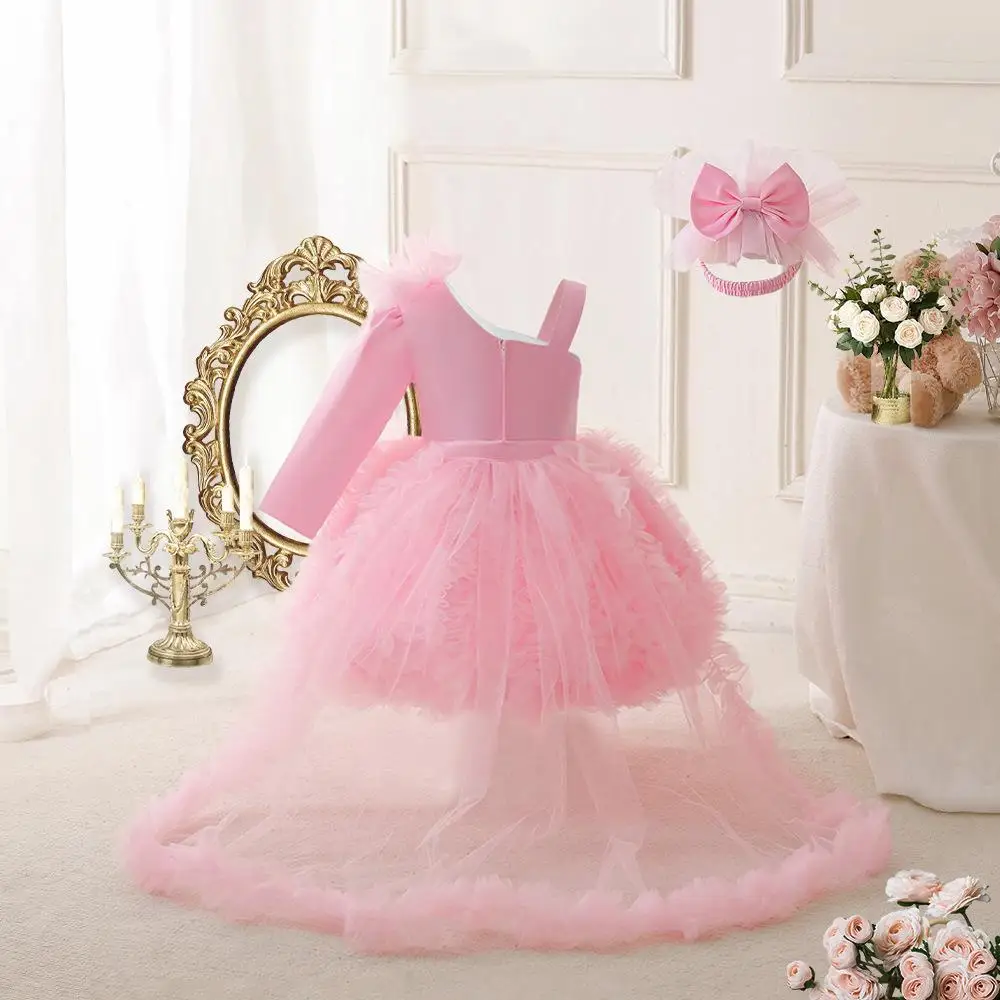 Young Girls 2pcs  Pink Trailing Dress Princess Flower Gown Girl Fancy Elegant Wedding Costumes Kids Birthday Tutu Dresses Wear