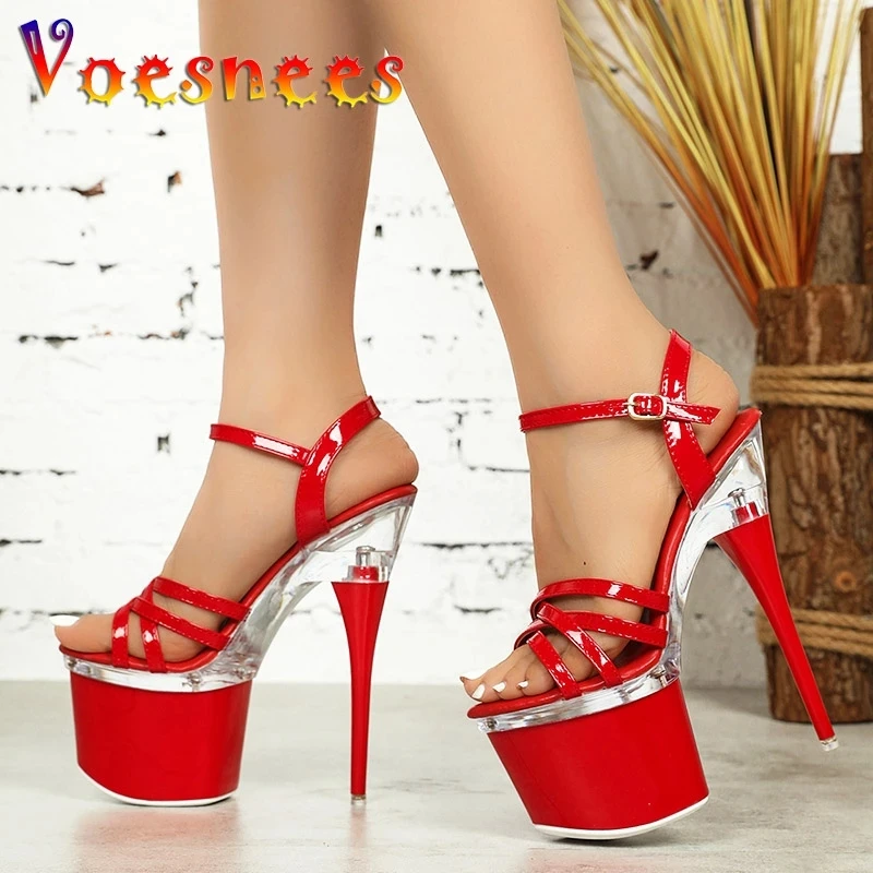 Women Platform Ankle Strap Sandals Sexy 18CM Ultra High Heels Fashion Nightclub Stripper Shoes Pink Narrow-band Summer Stilettos