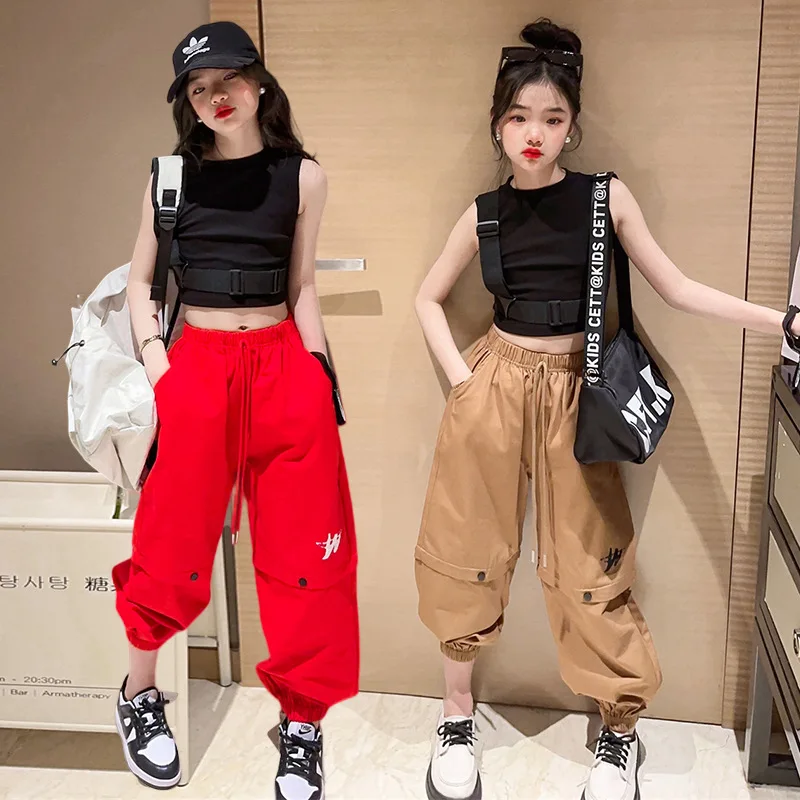 

Teen Girls Clothing Sets Summer Fashion Vest Crop Top + Cargo Pants 2pcs Children Suits Casual Tracksuit 8 10 12 14Years