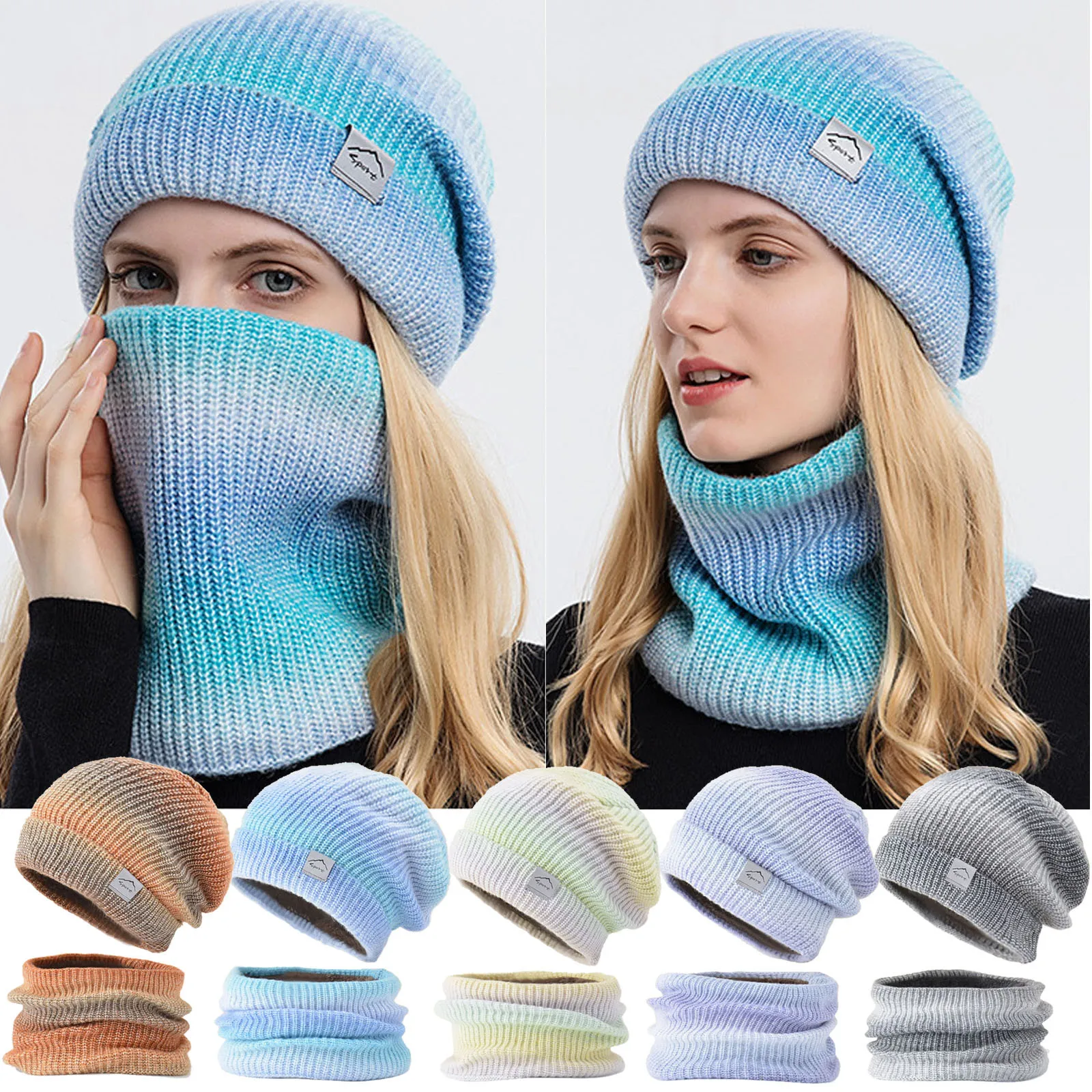 Autumn Winter Women'S Hat Caps Knitted Wool Warm Scarf Thick Windproof Balaclava Multi Functional Hat Scarf Set For Women