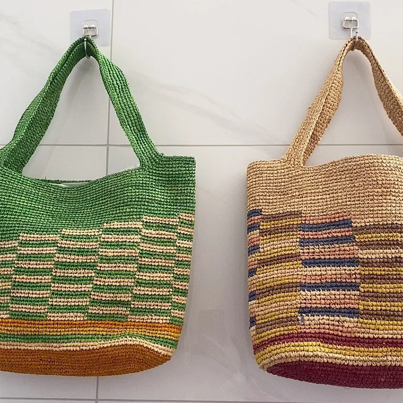 

Women's High Quality Straw Bag Brand Large Capacity Hand-crocheted Shoulder Bag Contrast Striped Wave Tote Bag Holiday Beach Bag