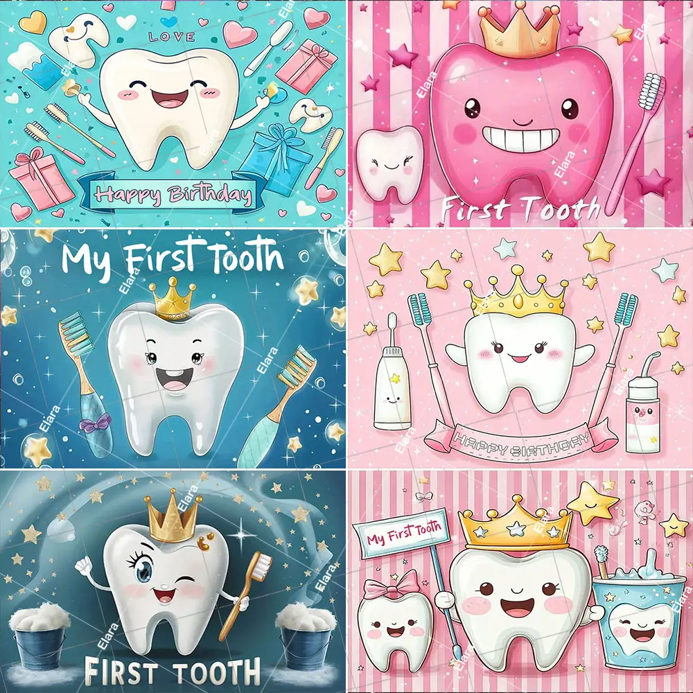 

Cartoon Blue Pink My First Tooth Birthday Party Decor Baby Shower Customized Poster Smiling Tooth Portrait Photograph Backdrop
