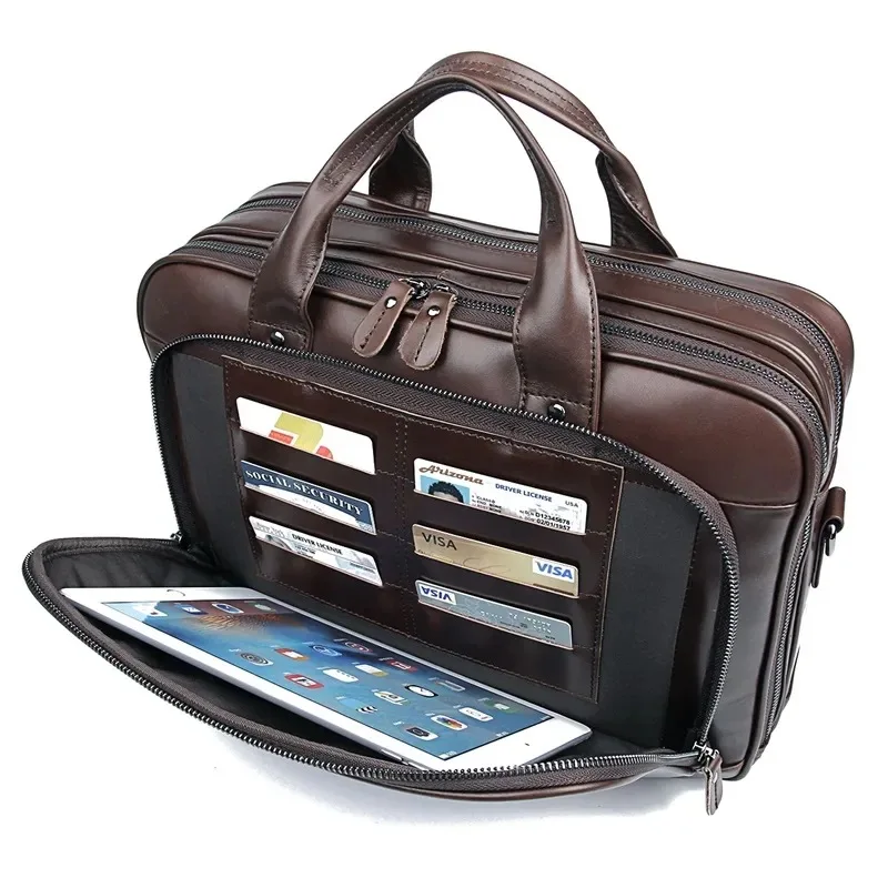 Luxury Design Men's Bag Genuine Leather 14 15.6 Laptop Handle Bag Large Business Shoulder Crossbody Bag Briefcase Messenger Pack