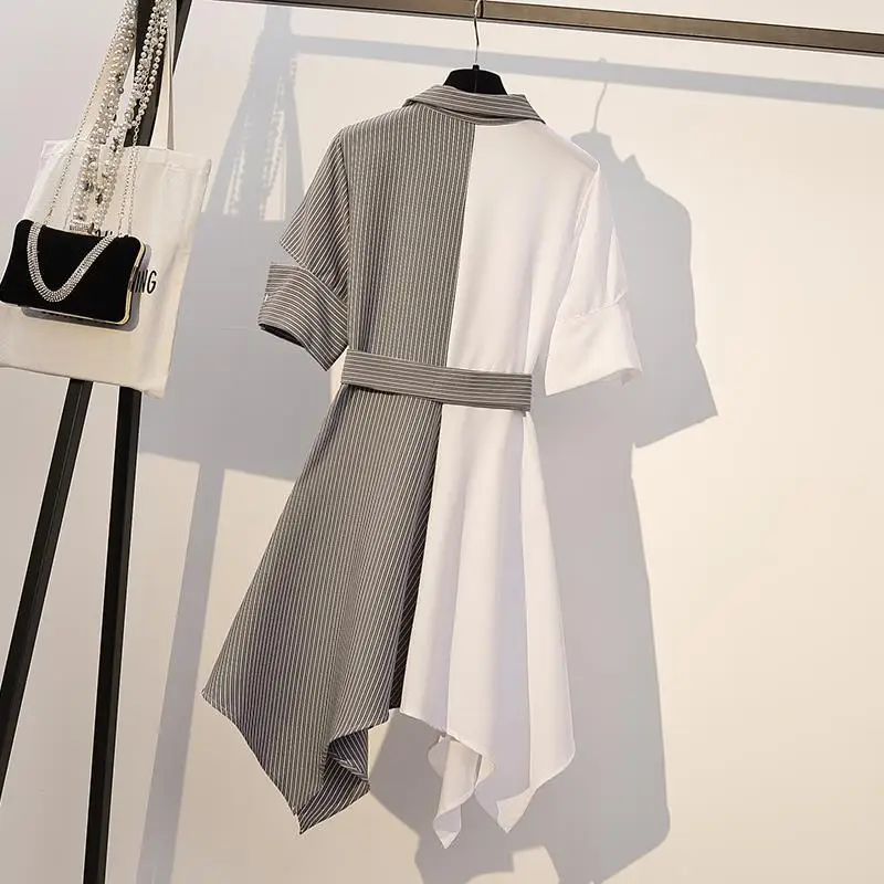 Falda acampanada con cinturón y cuello vuelto para mujer, vestido elegante de gasa Imperio de Color sólido, ropa Simple de retazos de verano, estilo
