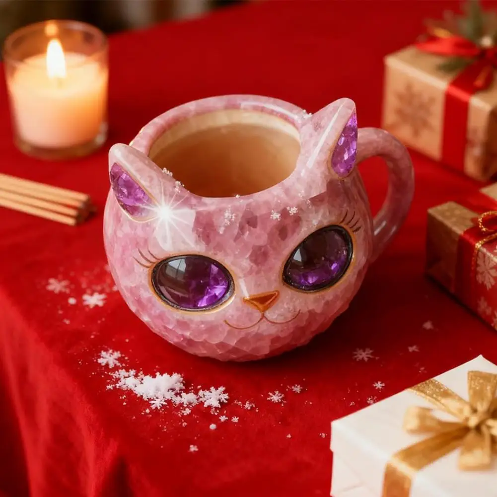 Handmade Faux Crystal Cat Face Mug Geode Kitten Cup Resin Mineral Coffee Tea Cups Unique Artistic Decor Gift for Family Friends