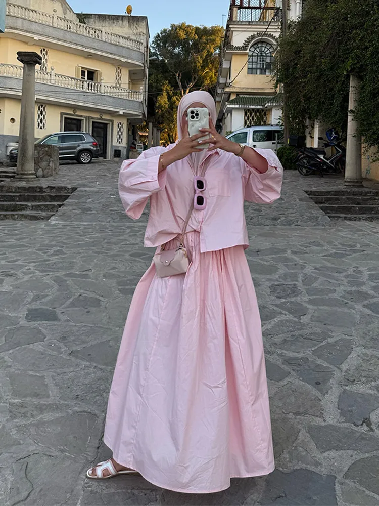 

Sweet Women Shirt Set Chic Lapel Pocket Single Breasted Long Sleeve Female Blouse Solid Long Skirt Summer Lady Streetwear