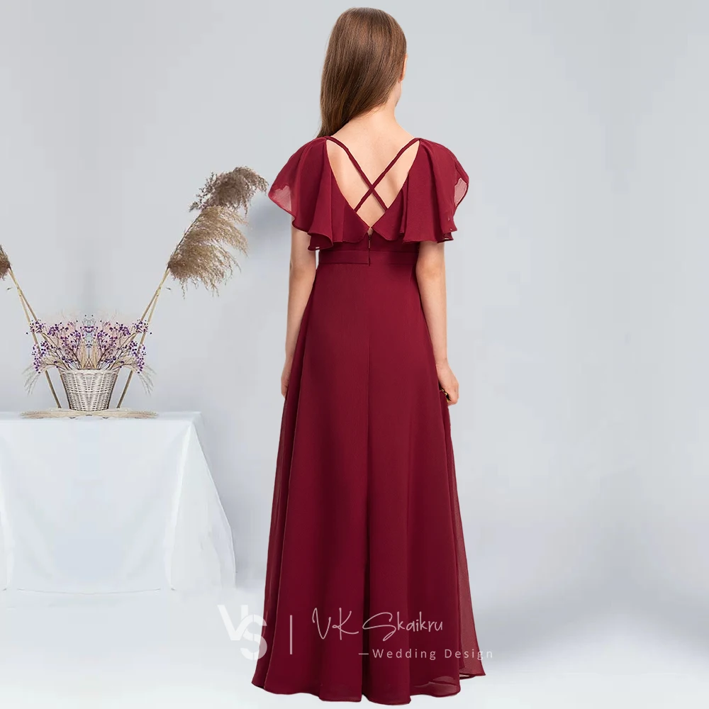 A-Line V-คอยาวชีฟอง Junior Bridesmaid ชุด Cascading Ruffles Burgundy งานแต่งงาน Junior ชุดเดรสผู้หญิงลายดอกไม้