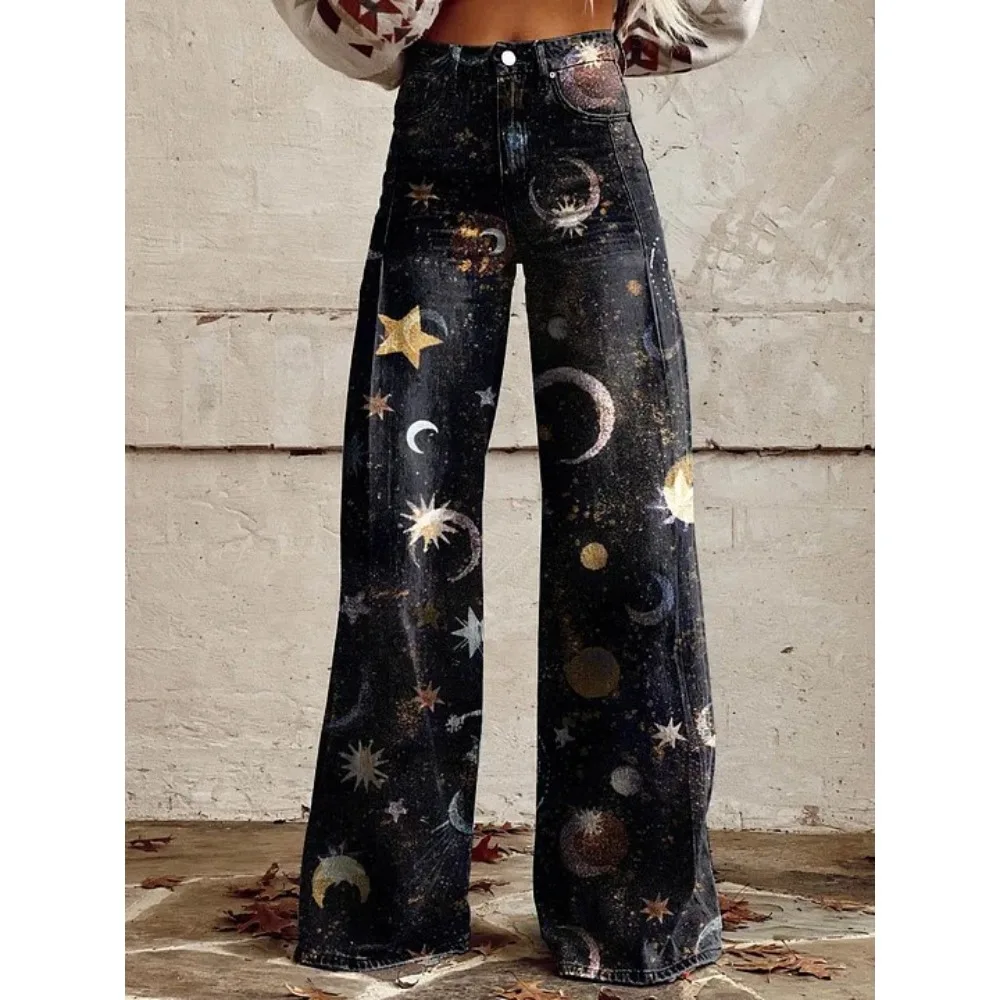 Vintage Galaxy Star Print Hose mit hoher Taille und weitem Bein, Damen-Baumwollhose, lässige Streetwear-Hose für Festivals und Konzerte – Detail 5