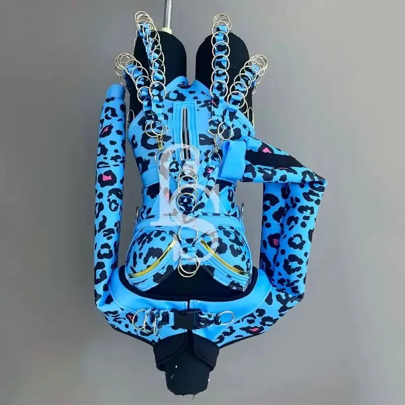 Women Singer Rave Outfit Blue Leopard Sexy Gogo Dance Clothing music Festival Pole Dance Costume  Chain Bodsyuit