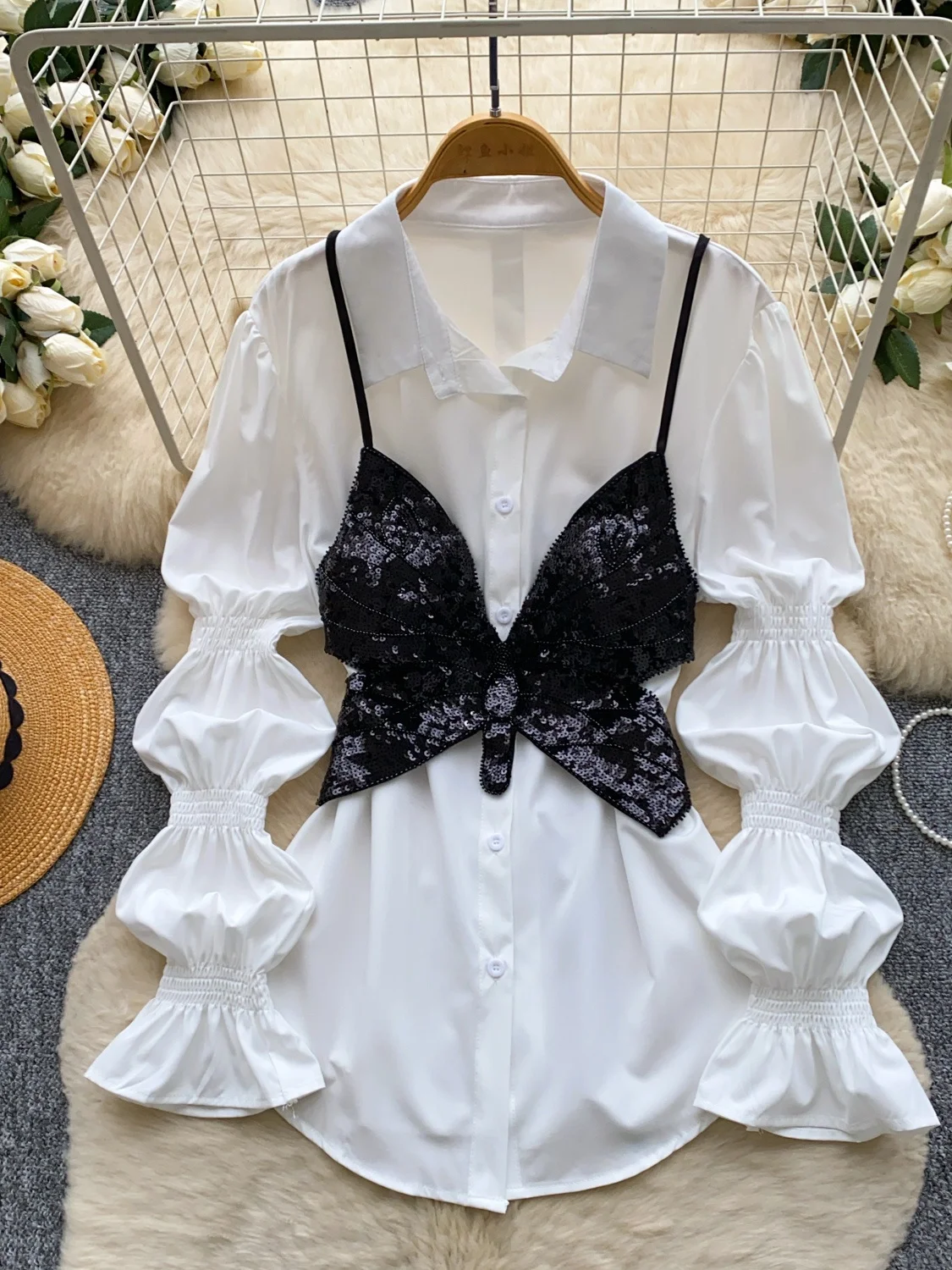 Women's Lantern Sleeve Shirt And High Waist Pants Sequin Two Piece Set Autumn Heavy Work Waist Cinched Fashionable Versatile Set