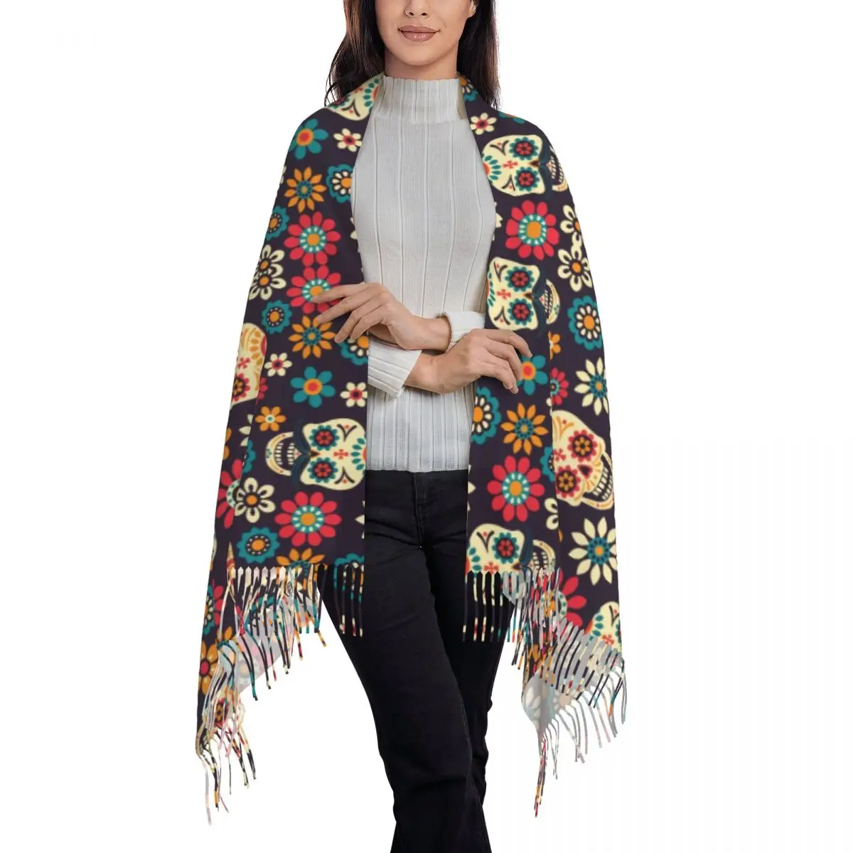 Day Of The Dead Pattern Scarf Wrap Women Long Winter Fall Warm Tassel Shawl Unisex Sugar Skull Santa Muerte Scarves