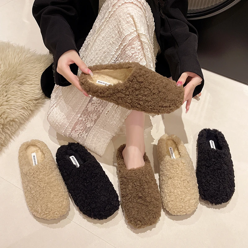 LazySeal Fleeces Solid Color Furry Slippers Women Baotou Fur Flip Flops Woman Sliders Flat With Slides Warm Slippers Indoor Shoe