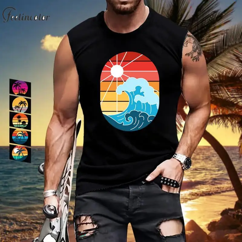 

Sea Printing Tank Tops for Men Sunset Graphic Vest Coconut Palm Sleeveless T-Shirts Black Casual Harajuku Tops Male Clothing