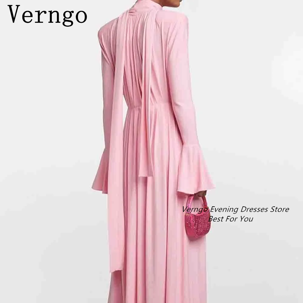 Gaun malam vernment Pink Crepe untuk wanita Deep V Neck Lengan Puff panjang gaun Prom sederhana pakaian ukuran standar A Line