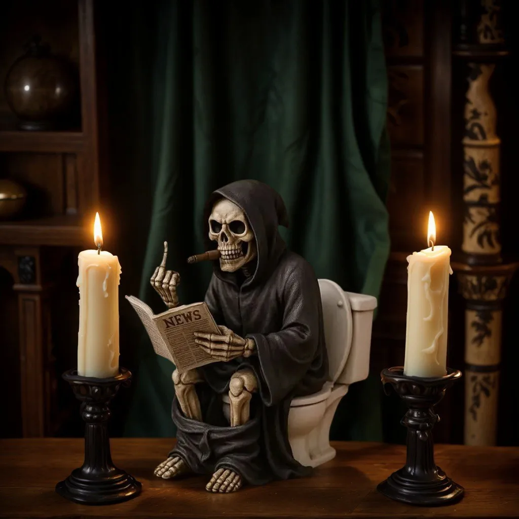 Toilet Grim Reaper Resin Figurine Funny Middle Finger Skull Statue Gothic Dark Humor Bathroom Tabletop Decor Novelty Gift