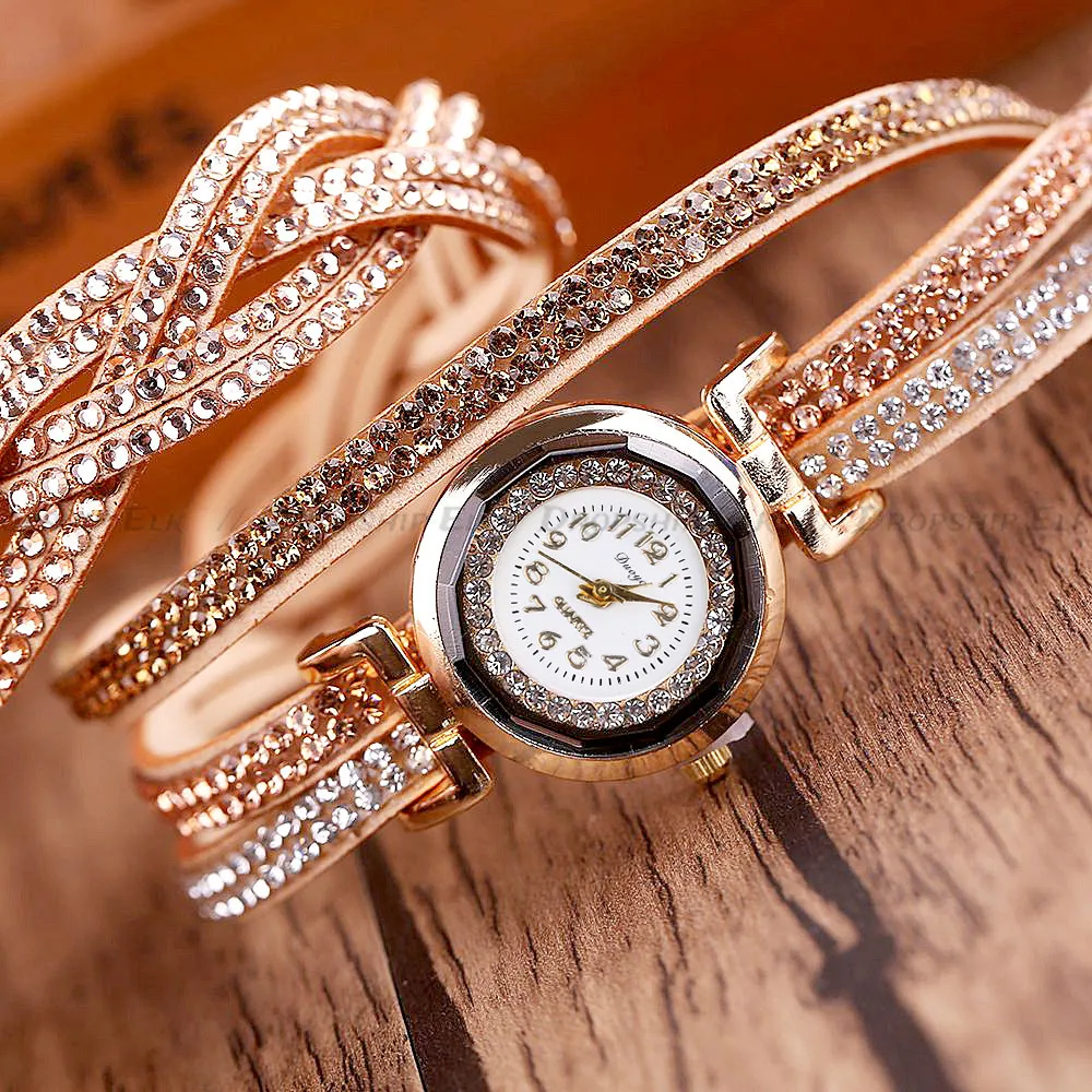 แฟชั่นควอตซ์สีทองลำลอง vrouwen strass horloge gevlochten ปลอกแขนของขวัญ horloge ของขวัญของขวัญ