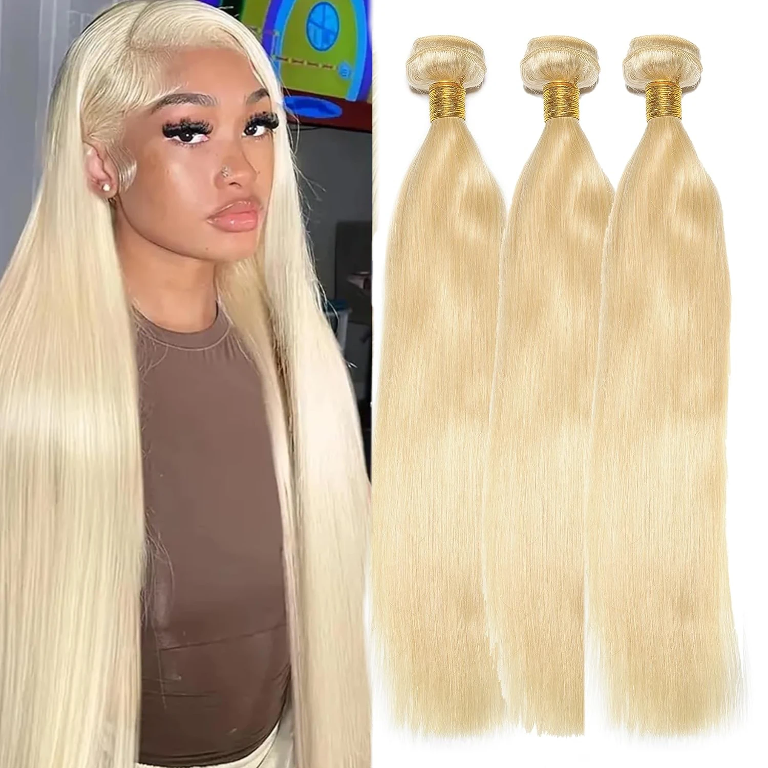 

34, 36, 38, 40 дюймов, медовый блондин, 613, прямые человеческие волосы, 1/3/4 шт., пучок натуральных волос, бразильские пучки плетения волос