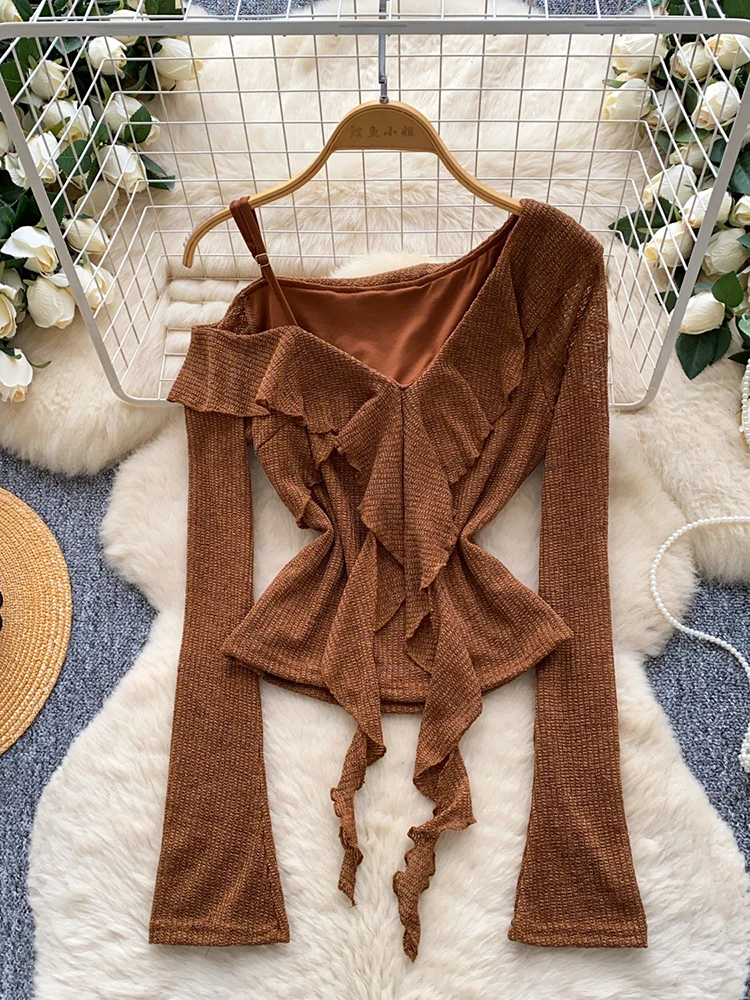 

Women's Autumn Slimming Bodysuit Blouse with Off-Shoulder Straps Long Sleeves Flared Ruffles pullover Blusa Top BL241