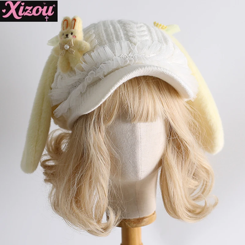 

Японский оригинальный милый плюшевый берет молочно-желтого цвета с бантом в стиле Лолиты, бейсболка с кроличьими ушками, осенне-зимняя теплая шерстяная шапка с маленьким лицом
