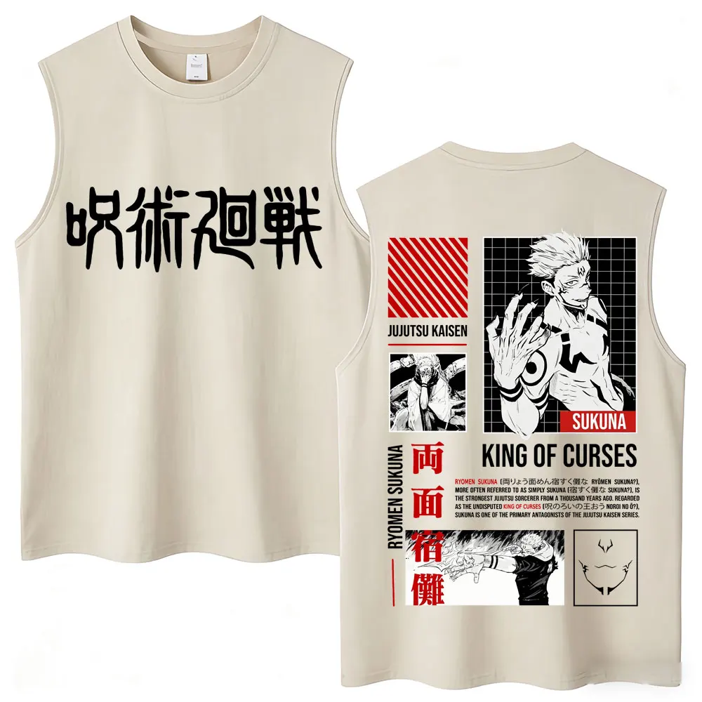 Washed Anime Jujutsu Kaisen Tank Tops Gojo Satoru and Nanami Kento Harajuku Sleeveless Vests Oversized Men Women Cotton T-shirt